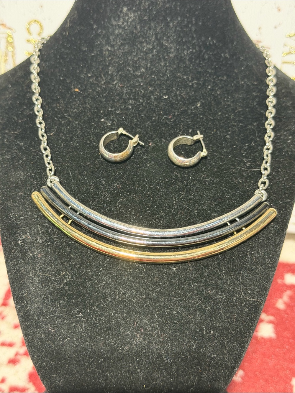 Mixed Metal Bar Silver Tone Necklace with Coordinating Hoops